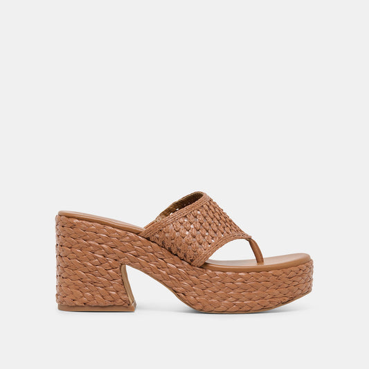 RIPPLE Mid Brown Raffia Platform Thong Block Heel Dolce Vita Sale