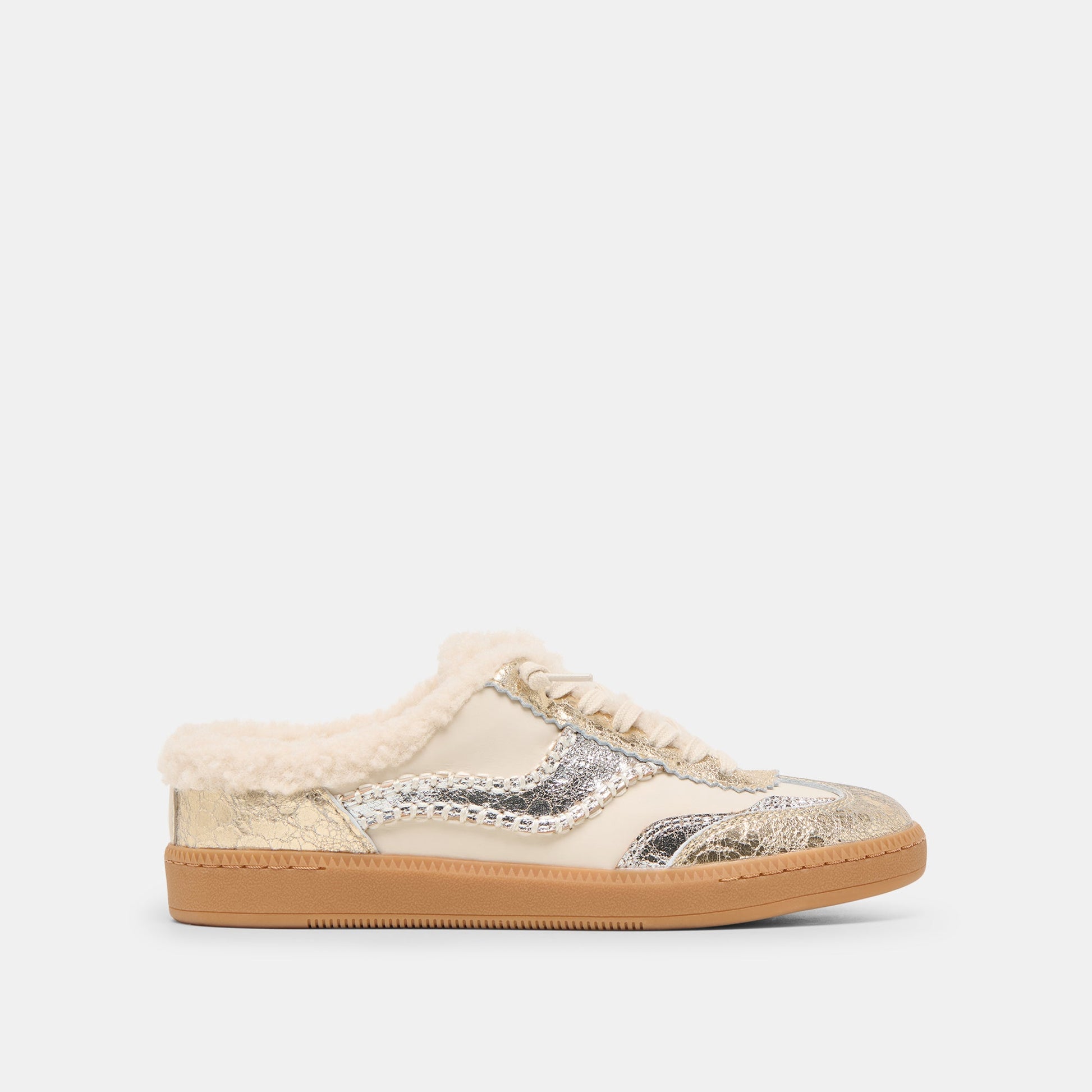 Notice Slide Plush Silver Gold Crackled Leather Sneakers Dolce Vita us