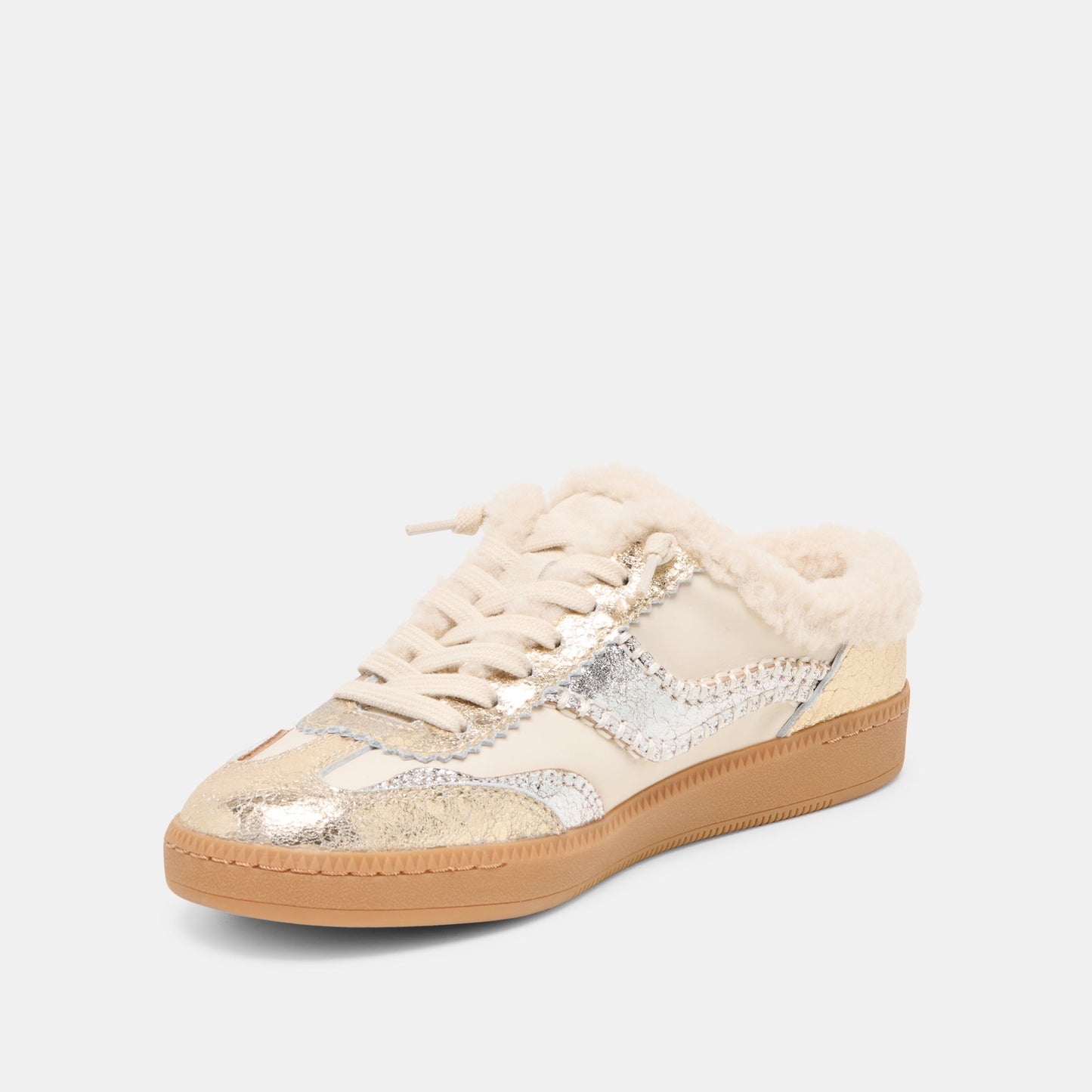 Notice Slide Plush Silver Gold Crackled Leather Sneakers Dolce Vita us