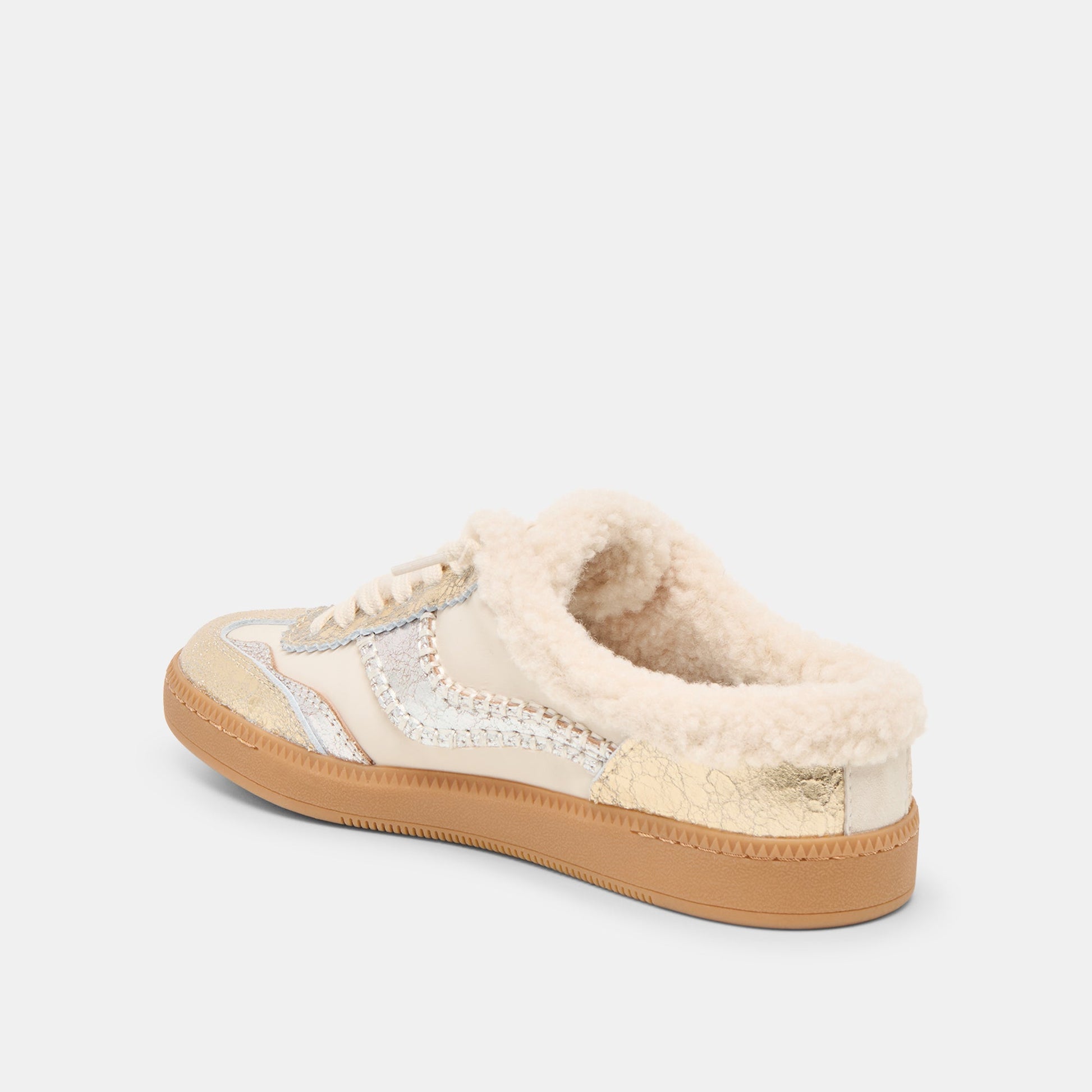 Notice Slide Plush Silver Gold Crackled Leather Sneakers Dolce Vita us