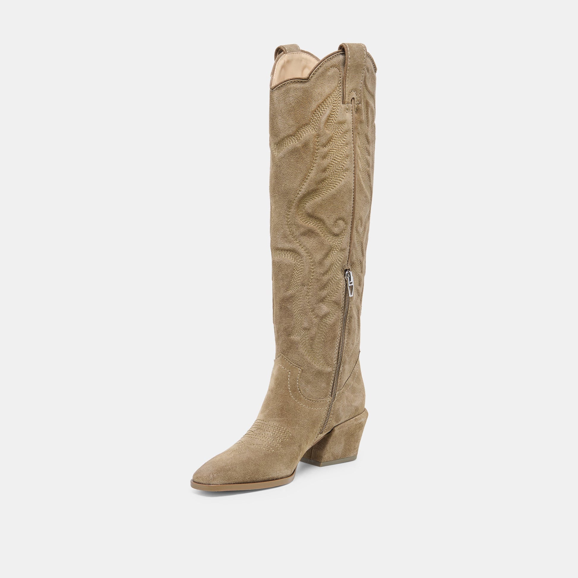 LUNI Taupe Suede Knee-High Pointed Toe Western Boots Dolce Vita New