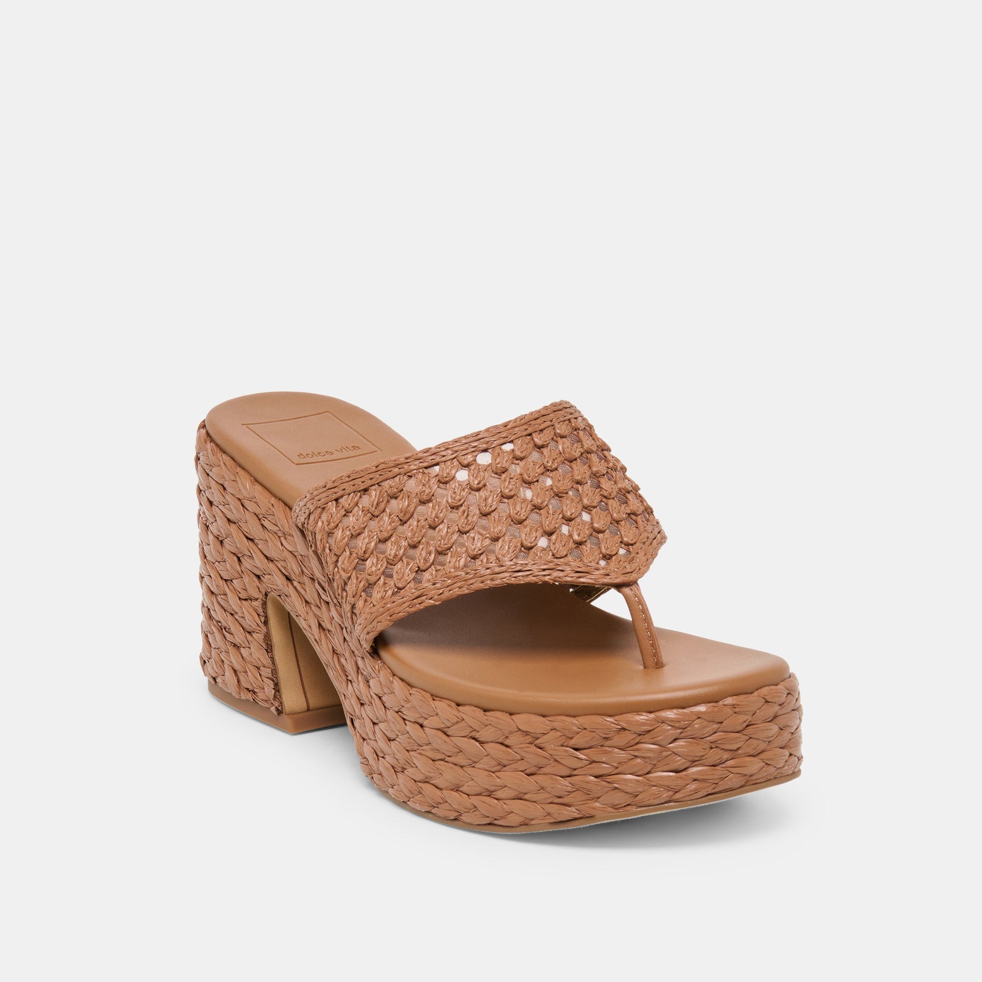 RIPPLE Mid Brown Raffia Platform Thong Block Heel Dolce Vita us