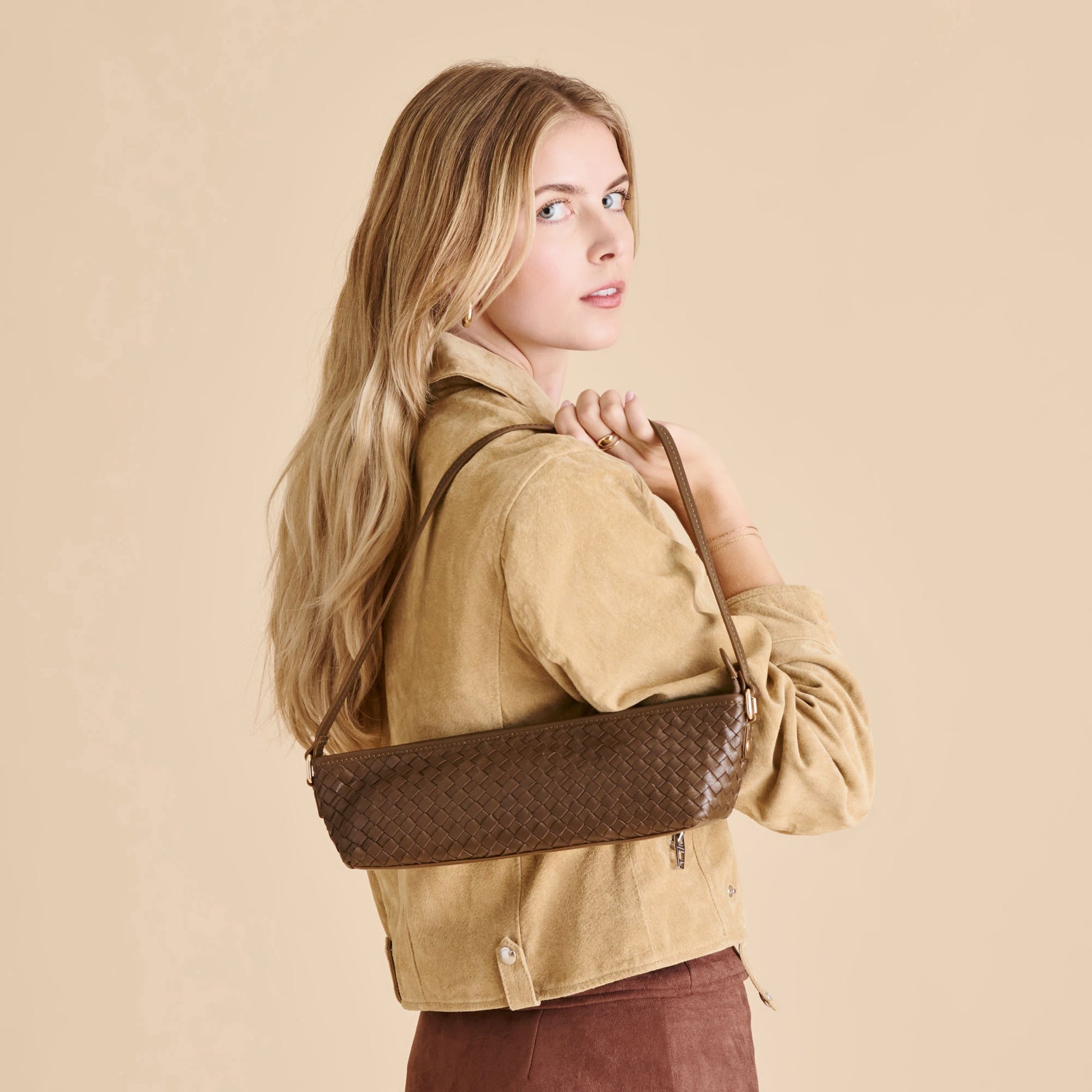 Savaii Brown Woven Leather Shoulder Bag Dolce Vita us