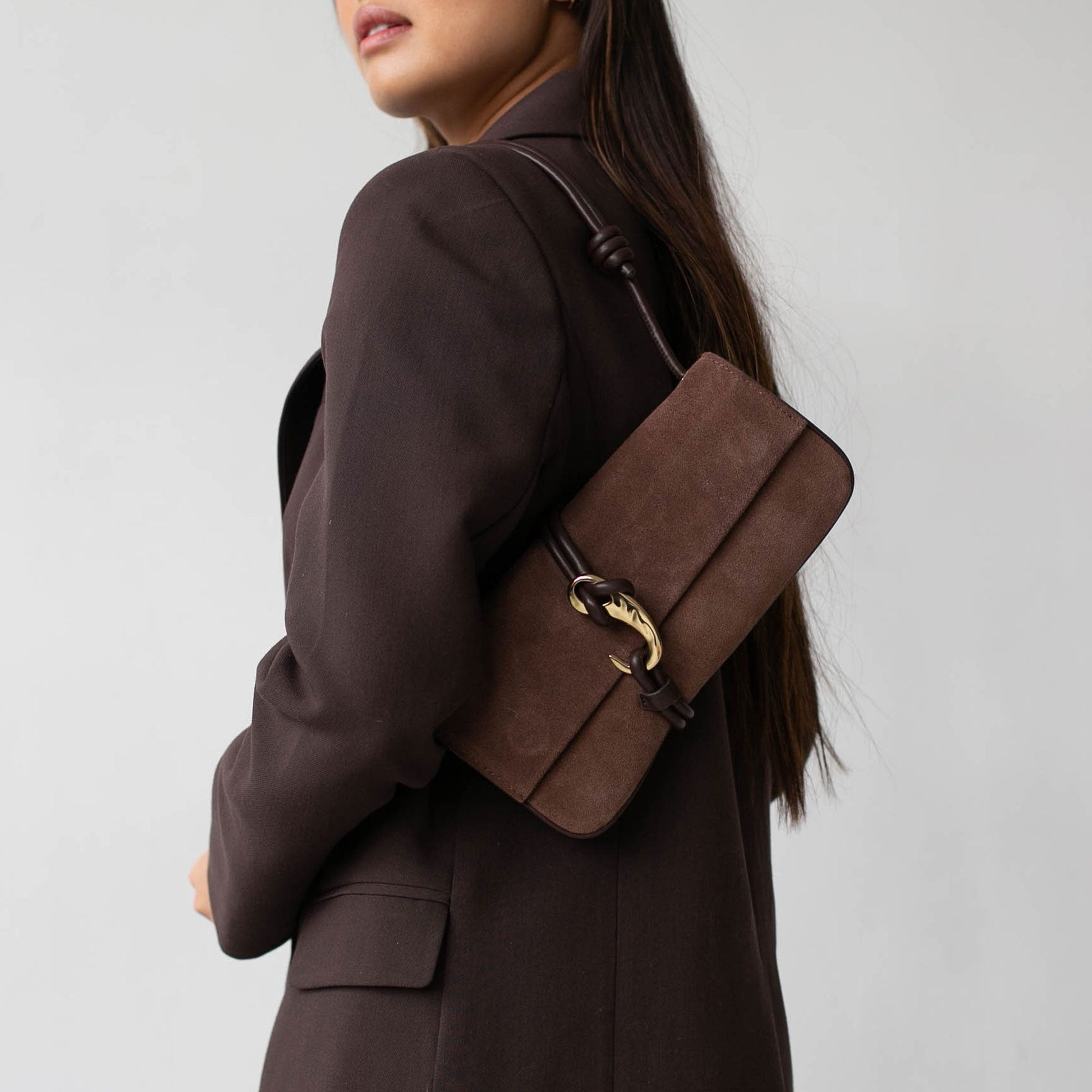 Alice Chocolate Suede Shoulder Bag Dolce Vita On sale