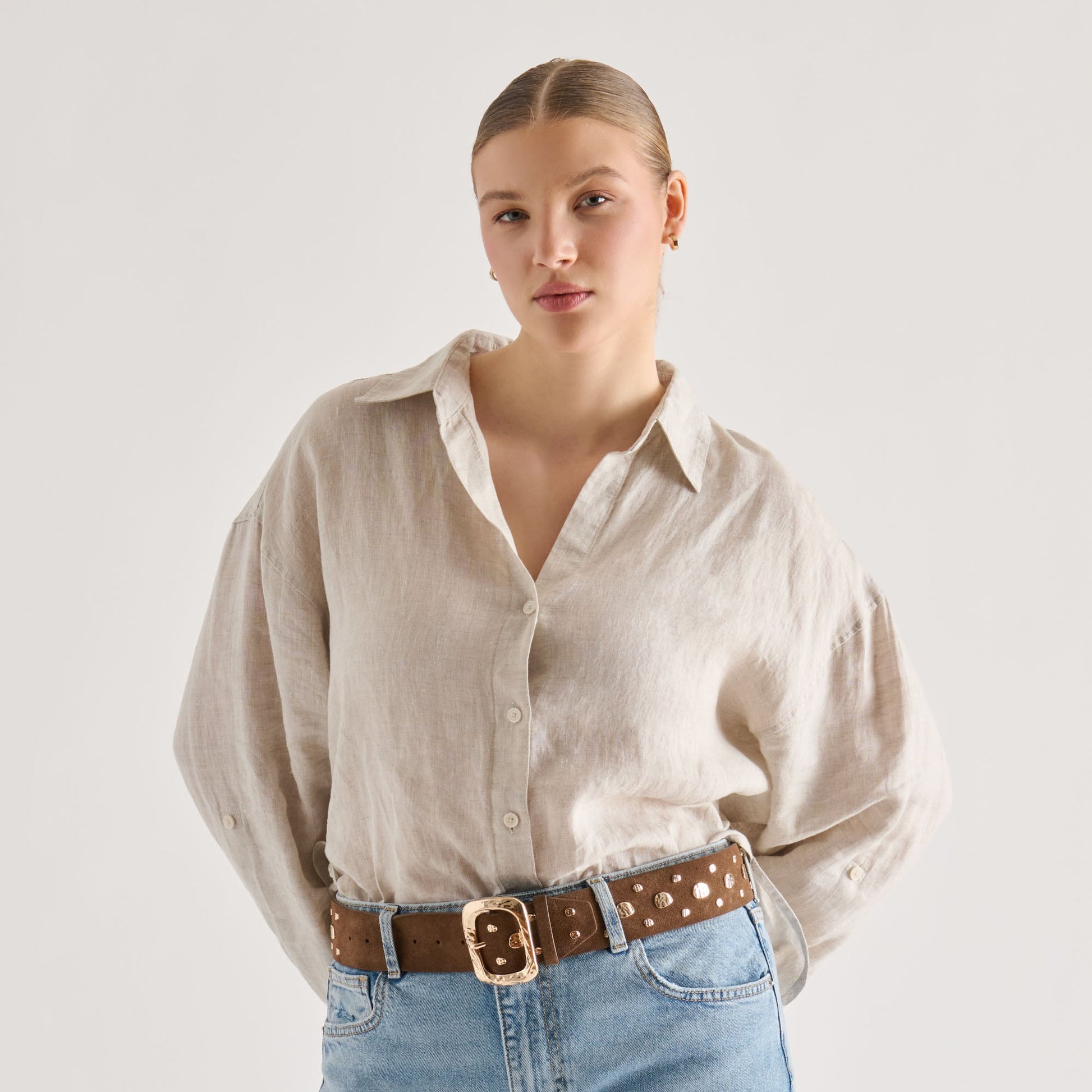 Rectangle Buckle Brown Suede Gold Studded Belt Dolce Vita Online