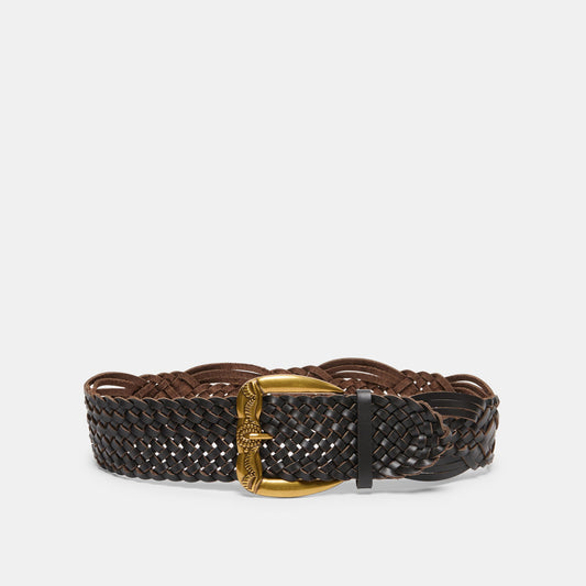 Western Espresso Woven Leather Belt with Silver Buckle Dolce Vita Sale