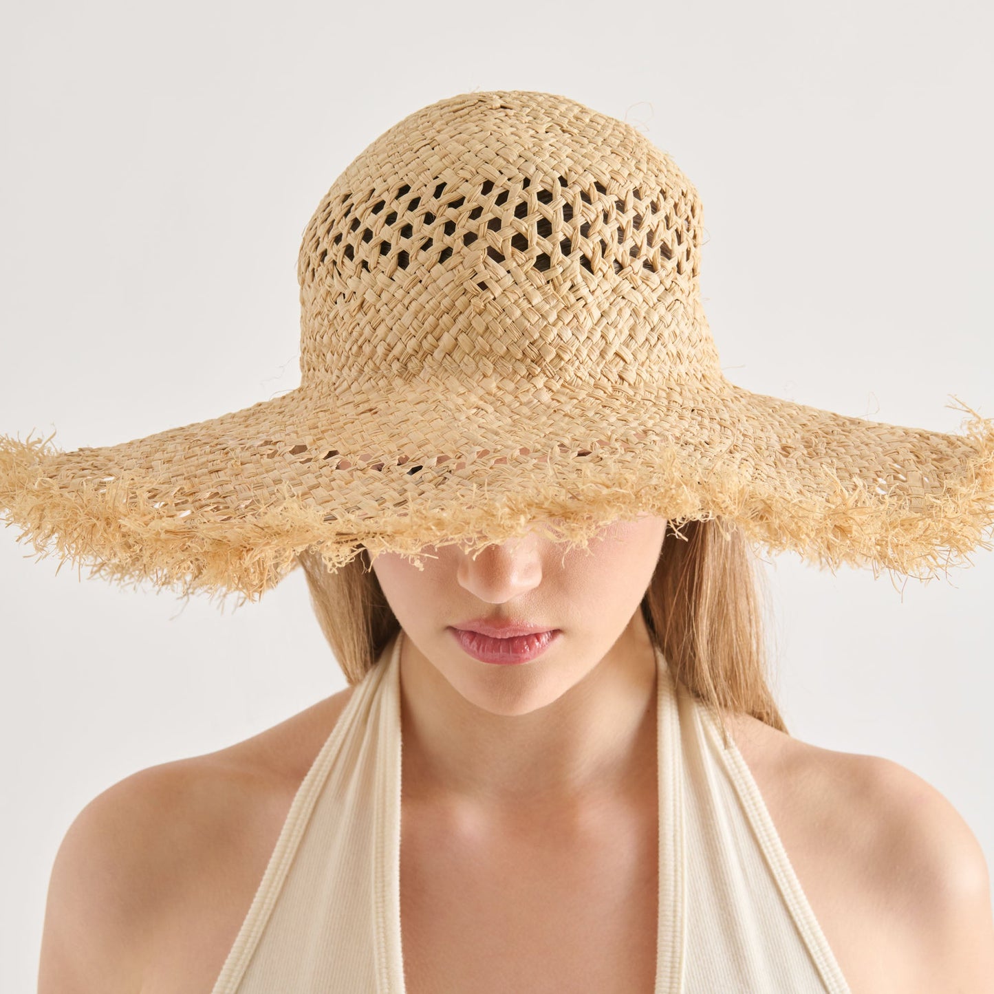 Open Weave Tan Sunhat with Frayed Edge Dolce Vita Sale