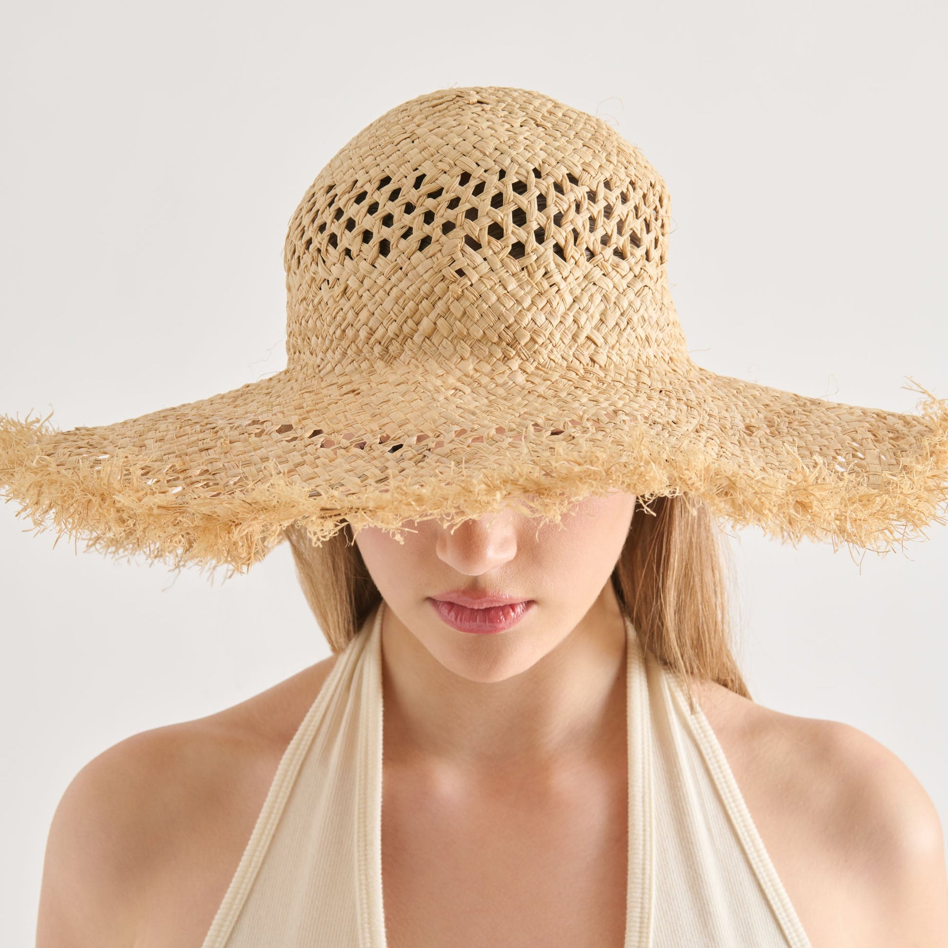 Open Weave Tan Sunhat with Frayed Edge Dolce Vita Sale
