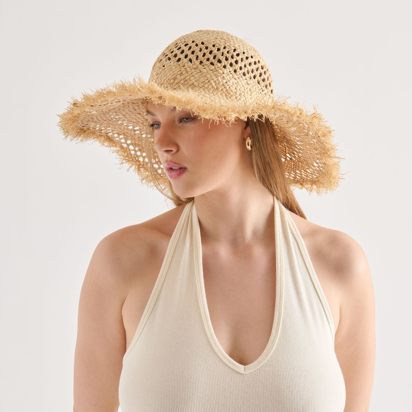 Open Weave Tan Sunhat with Frayed Edge Dolce Vita Sale