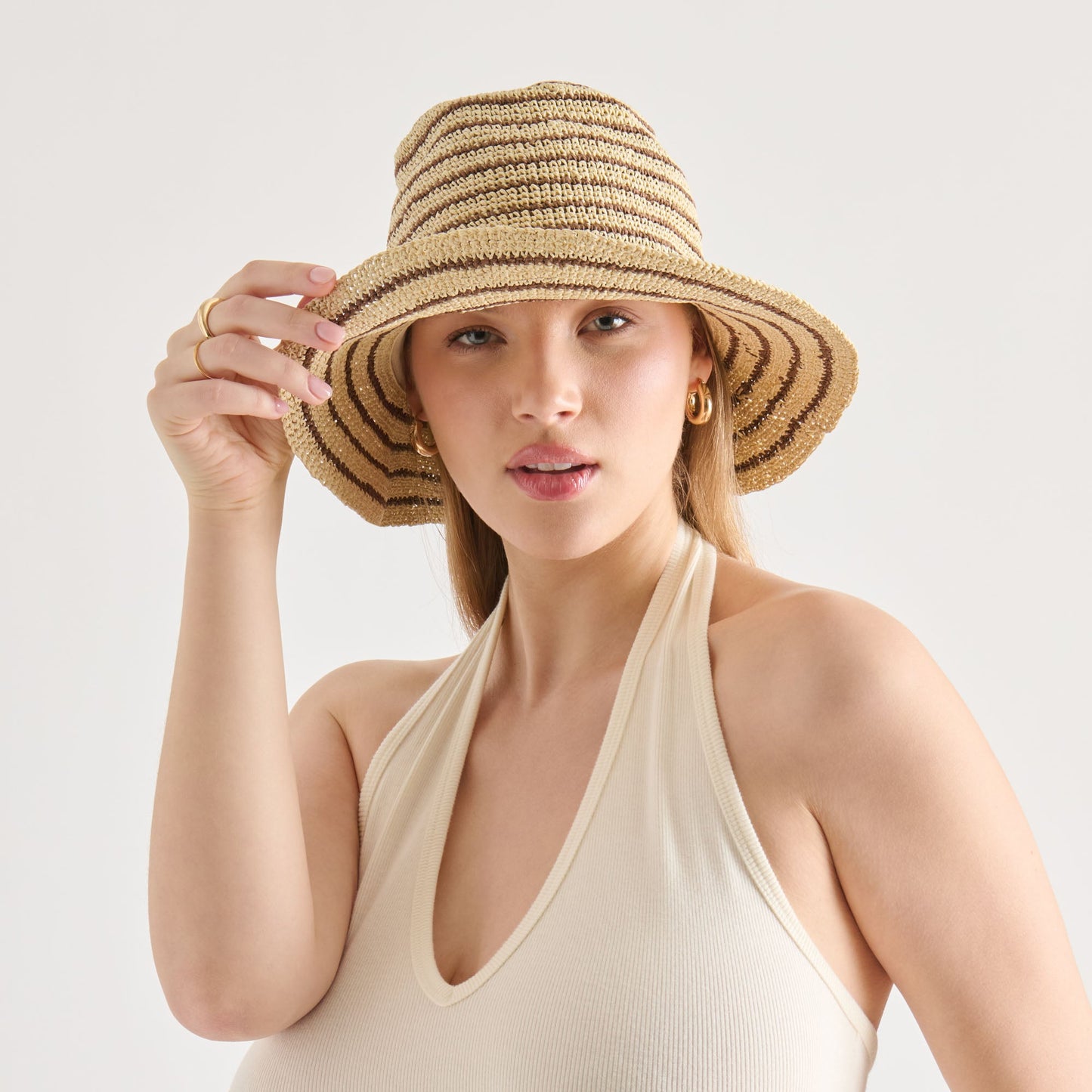 Striped Brown Natural Straw Cloche Dolce Vita Outlet