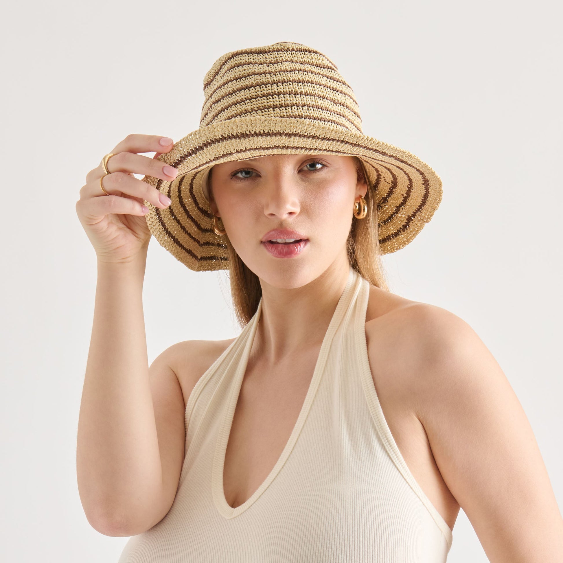 Striped Brown Natural Straw Cloche Dolce Vita Outlet