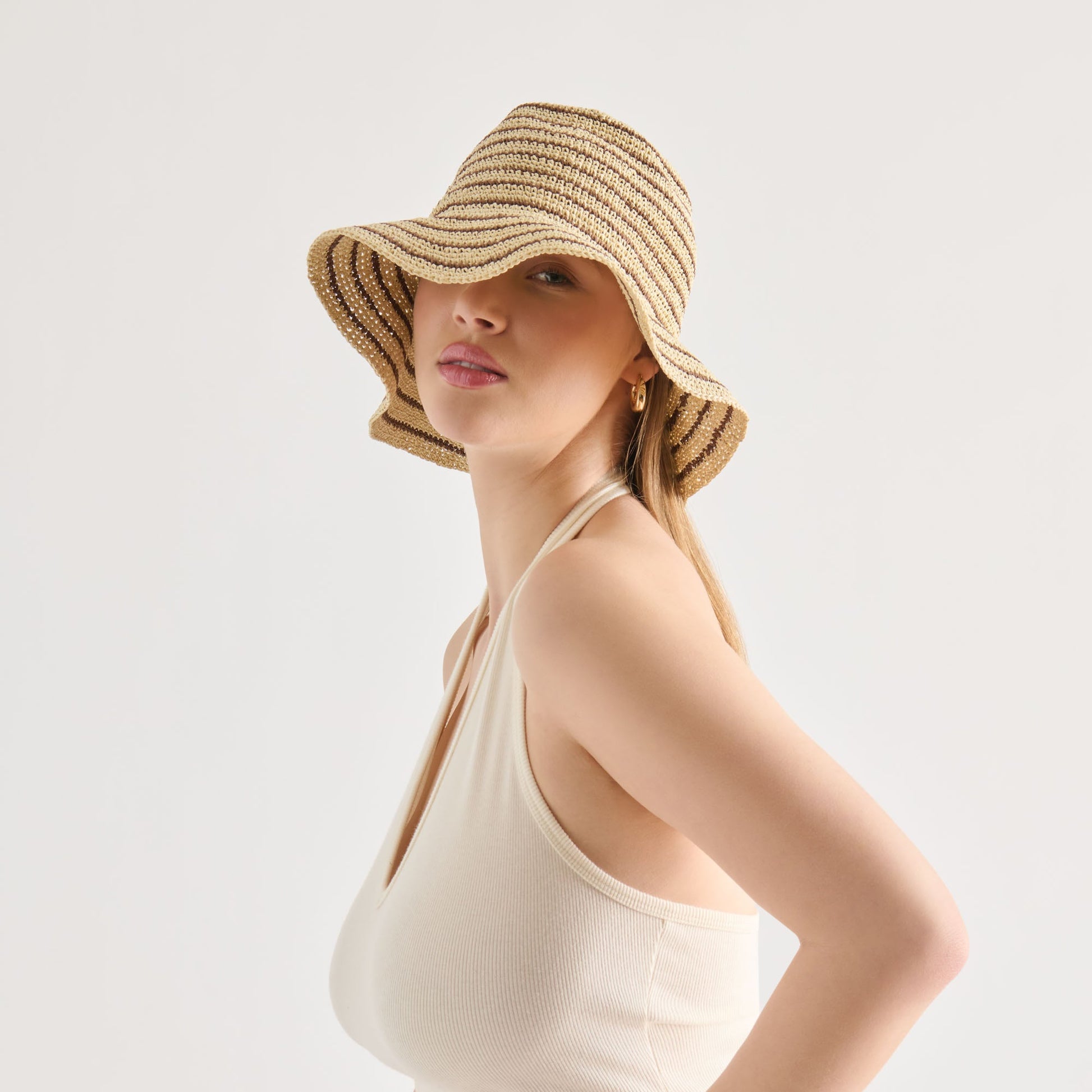Striped Brown Natural Straw Cloche Dolce Vita Outlet