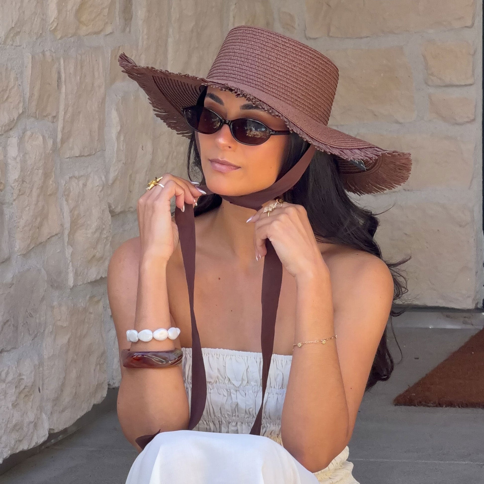 Floppy Dark Brown Sunhat with Ribbon and Frayed Edge Dolce Vita For sale