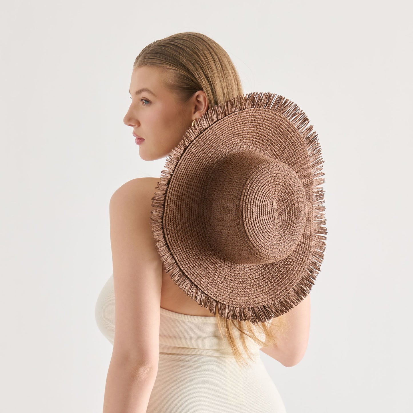 Floppy Dark Brown Sunhat with Ribbon and Frayed Edge Dolce Vita For sale