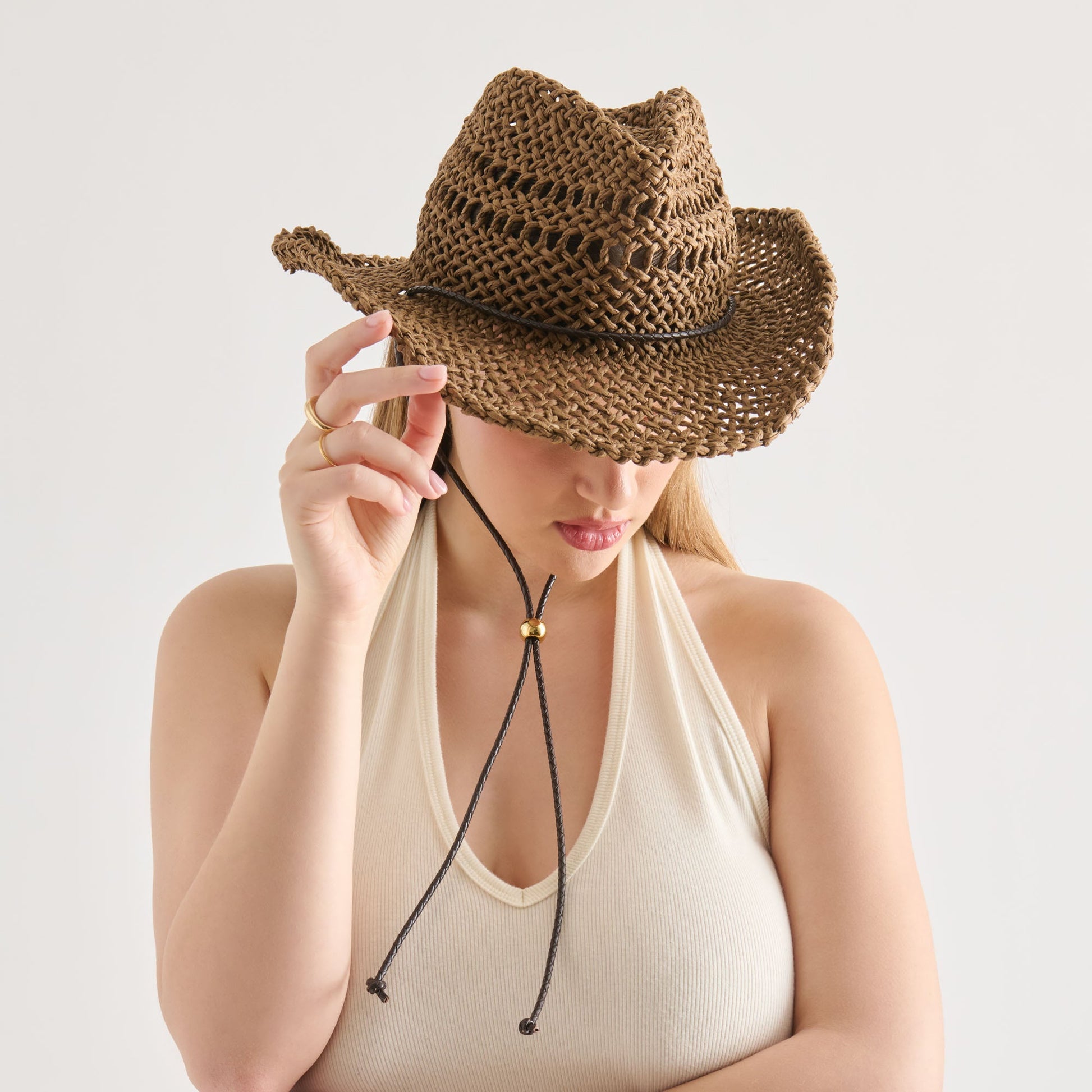 Thick Weave Dark Brown Cowboy Hat with Strap Dolce Vita us