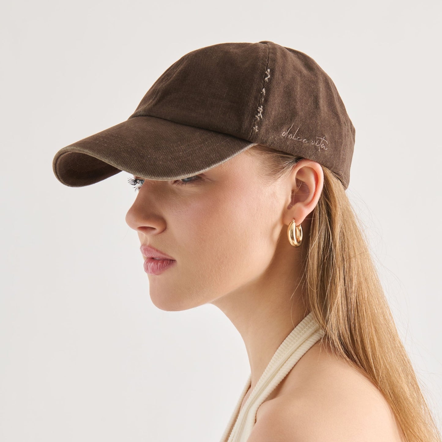 Distressed Dark Brown Baseball Cap with Embroidery Dolce Vita New